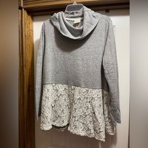Knox Rose XL Cowl neck turtleneck Heather gray with lace detail sweater